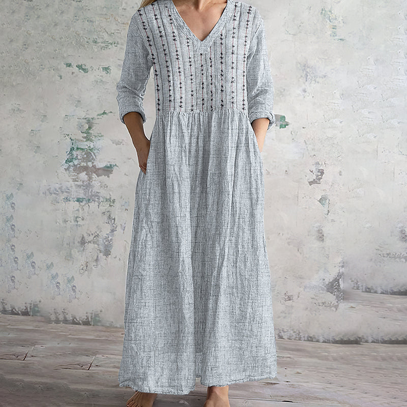 Comstylish Vintage Embroidered Art Women's Linen Dress