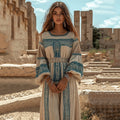 Retro Greek Key Crew Neck Linen Blend Maxi Dress artswardrobe