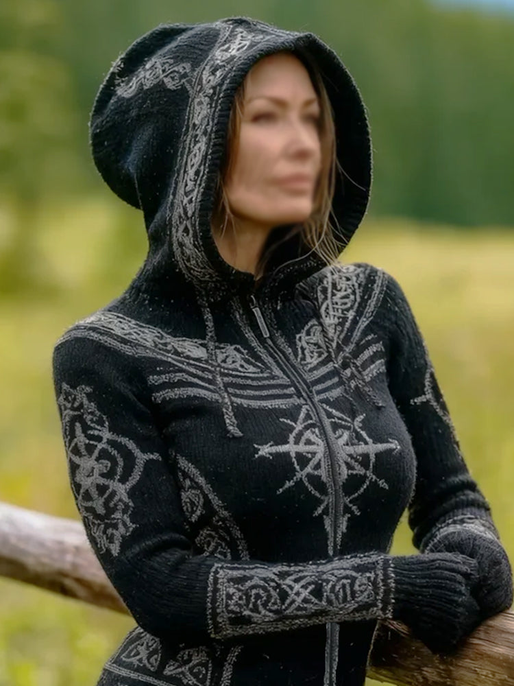 Comstylish Women's Viking Style Celtic Knot Viking Compass Embroidery Hooded Cardigan Sweater