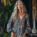 Vintage Bohemian Floral Linen Art Print Long Sleeve V-neck Shirt artswardrobe