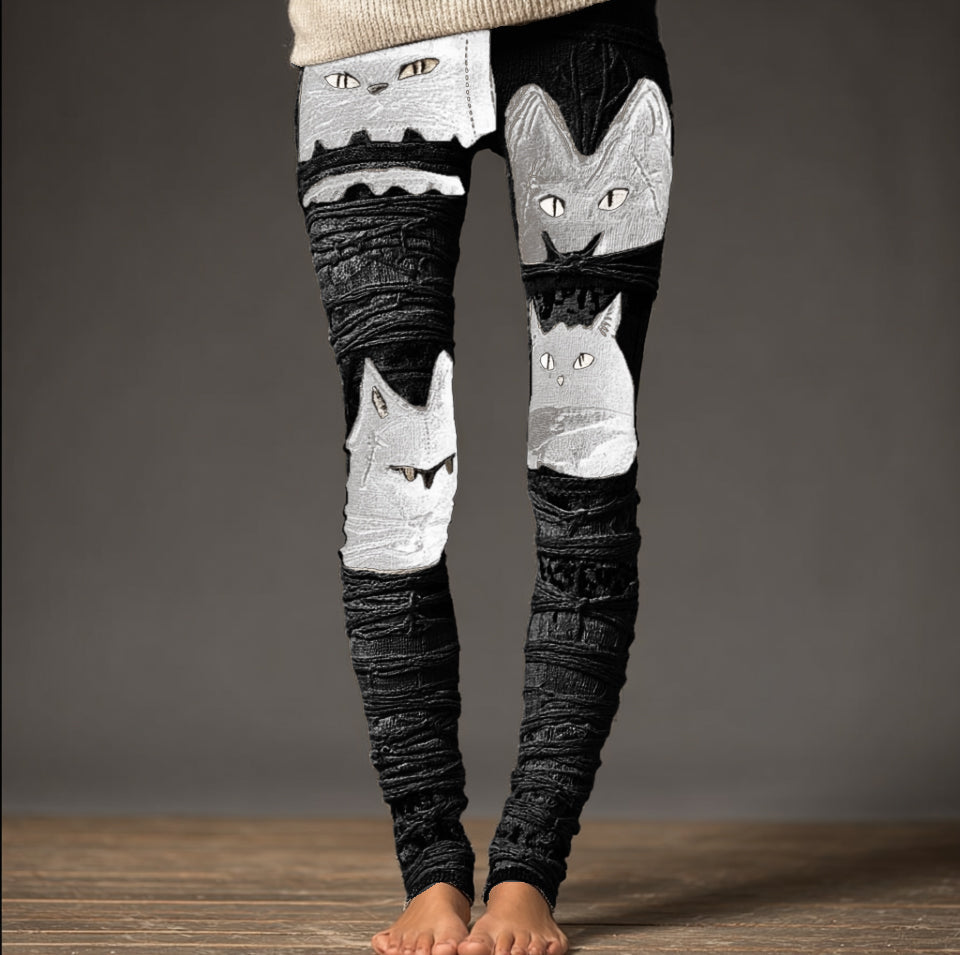 Comstylish Halloween Fun Cat Design Women's Knitted Leggings