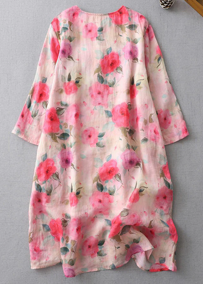 Grace Print O-neck Button Cotton Mid Dress Half Sleeve