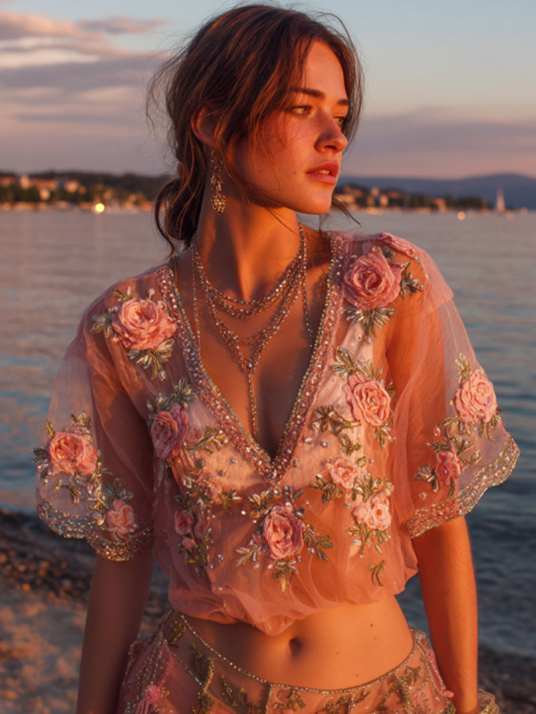 Women's Casual Retro Bohemian Embroidered Floral Print Top artswardrobe
