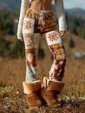 Comstylish Bohemian Style Plant Flower Pattern Women's Winter Warm Flannel Long Pants