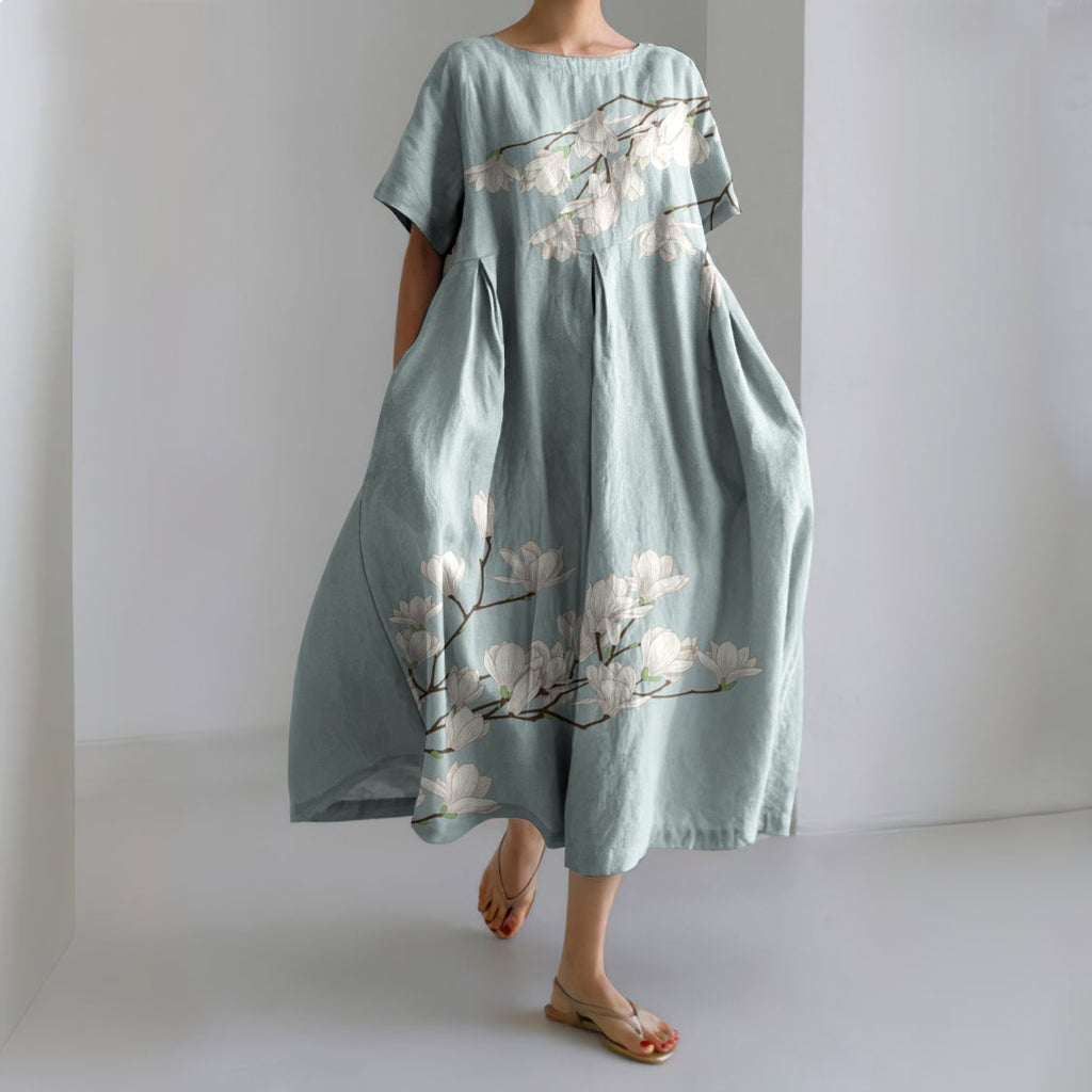 Comstylish Magnolia Flower Japanese Linen Blend Maxi Dress