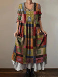 Women's Vintage Plaid Art Print V-Neck Button Pocket Cotton Dress