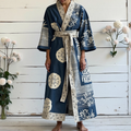 Women's Retro Japanese Traditional Sashiko Art  Linen V-neck Robe artswardrobe