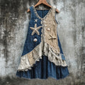 Vintage Starfish And Shell Lace Patchwork Linen Blend Tank Dress artswardrobe