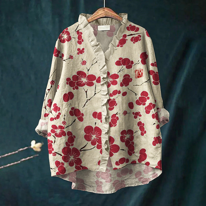 Comstylish Cherry Blossom Japanese Lino Art Ruffle Trim Linen Blouse