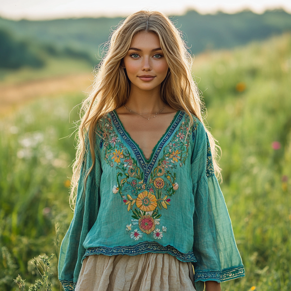 Vintage Floral Embroidery Linen V-neck Shirt artswardrobe