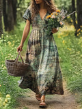 Women's Art Painting Vintage Print V-Neck Short Sleeve Dress