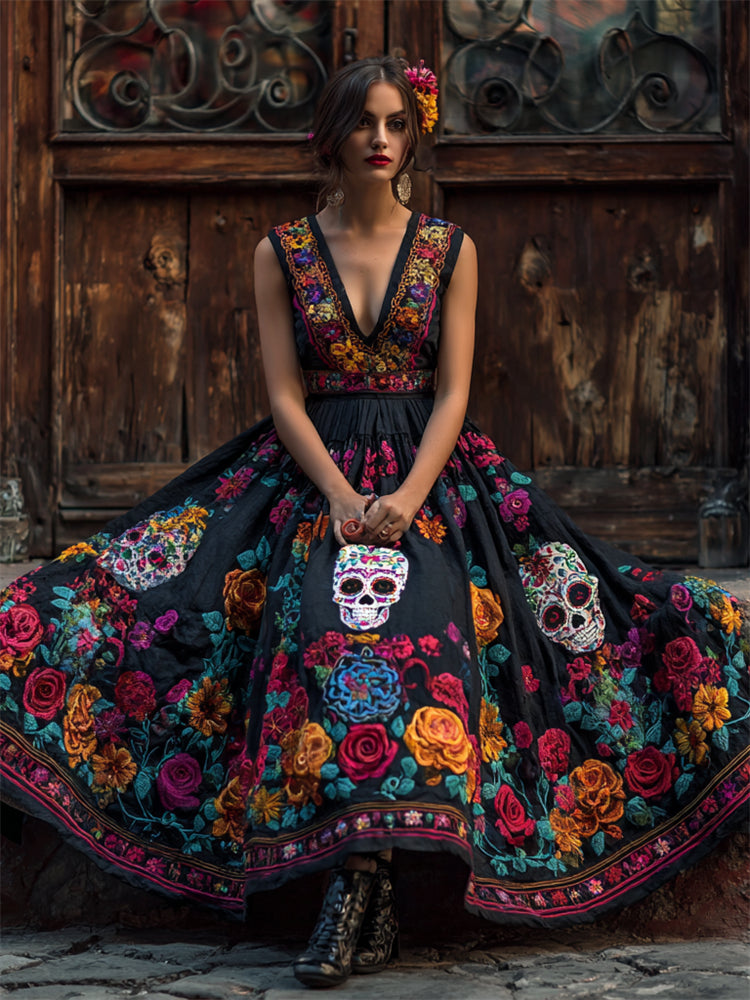 Comstylish Day Of The Dead Sugar Skulls Mexican Floral Linen Maxi Dress
