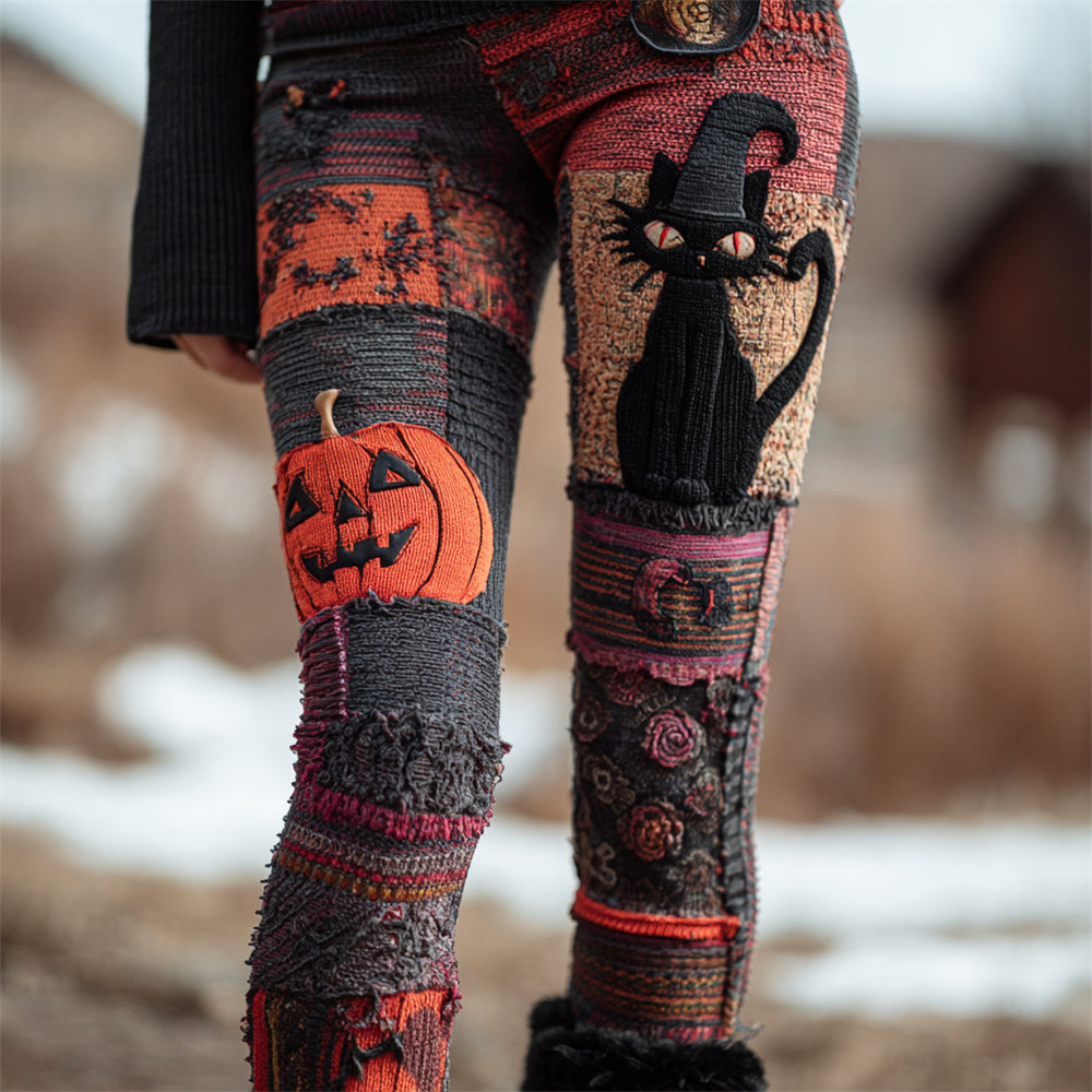 Comstylish Halloween Black Cat & Pumpkin Patchwork Art Women's Knit Leggings