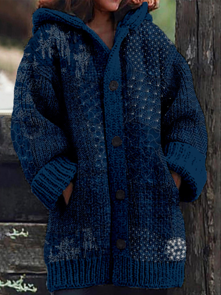 Comstylish Japanese Traditional Sashiko Art Cozy Hooded Cardigan