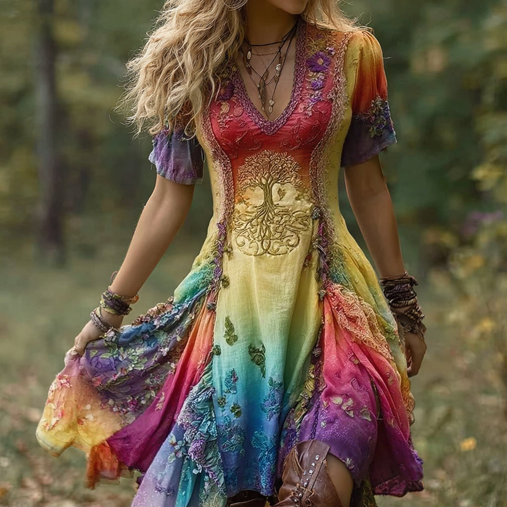 Women's Vintage Viking Tree Of Life Gradient Midi Dress artswardrobe