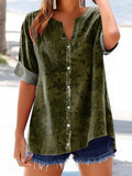 Women's Vintage Floral Art Print Short Sleeve Cotton and Linen Shirt