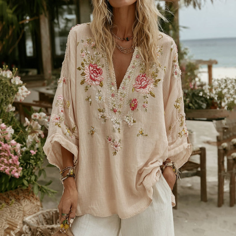 Comstylish Vintage Floral Embroidery Pattern Art Linen Comfy Tunic