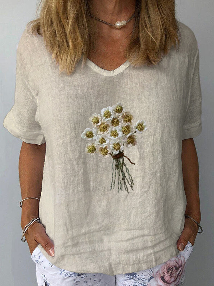 Comstylish Wild Flower Embroidered Linen Women's Loose Shirt