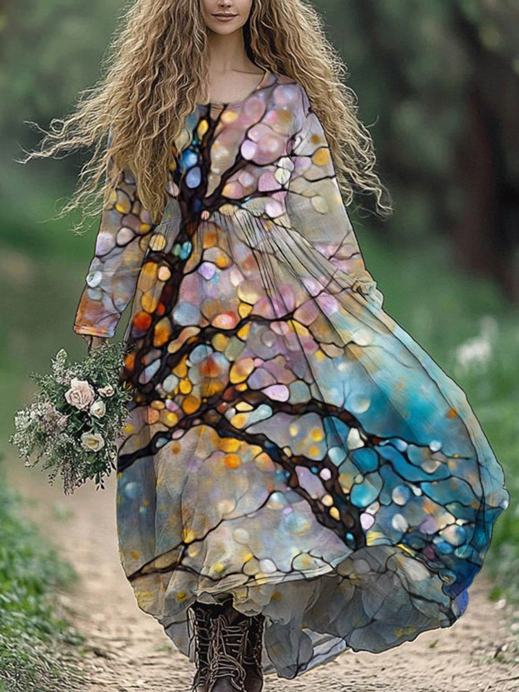 Oil Flower Tree Art Women's Linen Maxi Dress artswardrobe