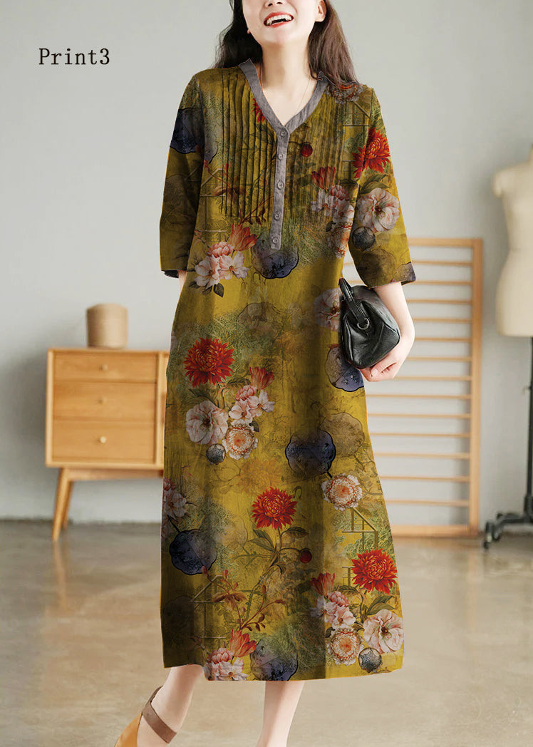 Grey Print7 Loose Linen Long Dresses Button Half Sleeve