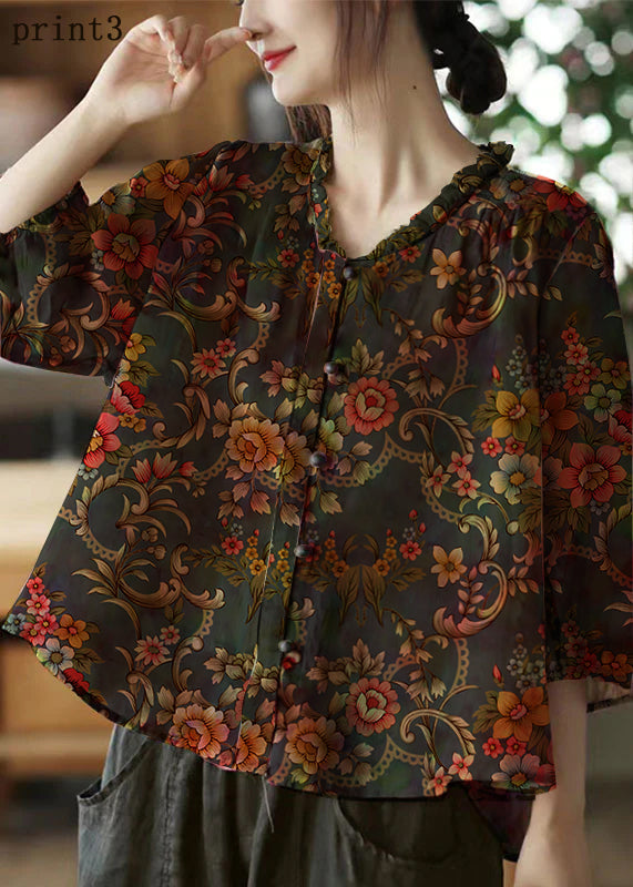 Color Stripes V Neck Ruffled Print Linen Blouse Top Half Sleeve