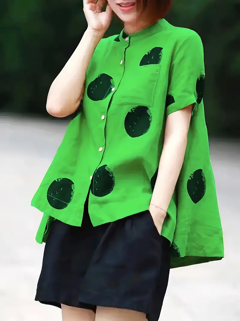 Red Dot Print Patchwork Linen Top Button Stand Collar Summer