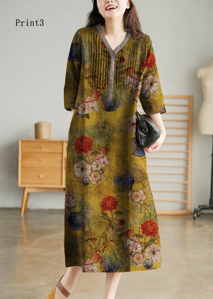 Yellow Loose Linen Long Dresses Button Half Sleeve