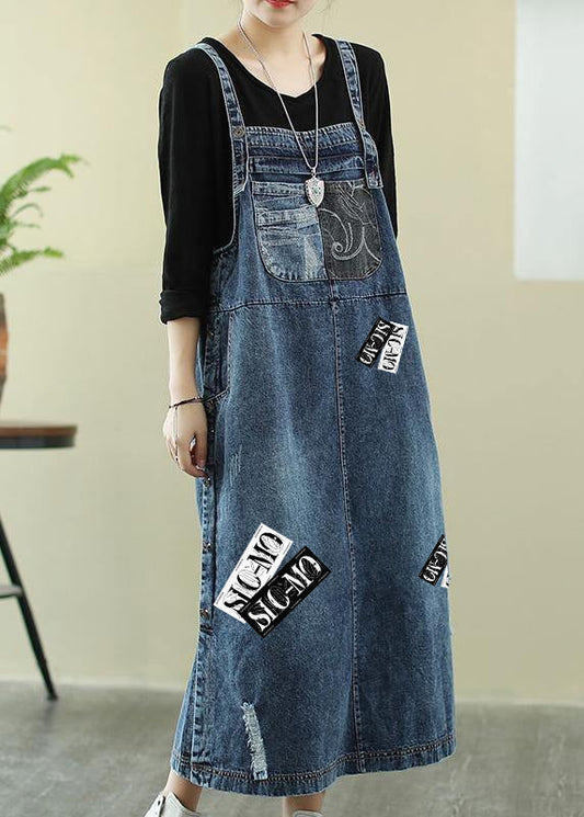 Vivid Denim Blue-letter Tunic Dress Slash Neck Hole Maxi Dress