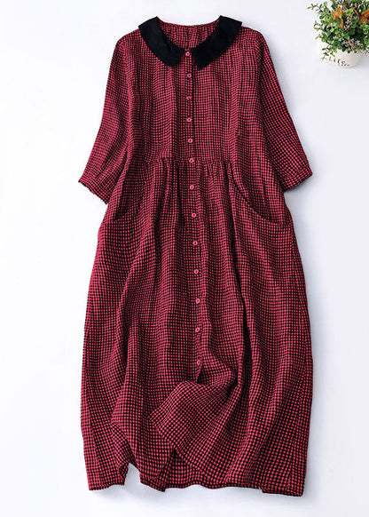 Organic Purple Plaid Peter Pan Collar Patchwork Linen Dresses Summer
