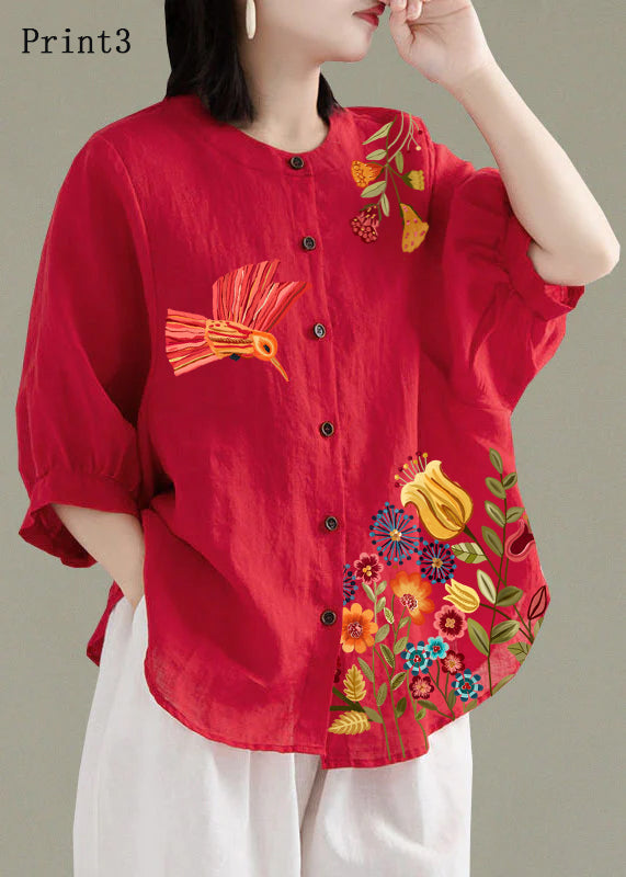 Art Red O-neck Button Linen Loose Shirt Top Lantern Sleeve