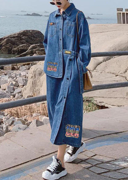 Loose Blue-love Pockets Button Asymmetrical Design Fall Denim Long Sleeve Long Dress