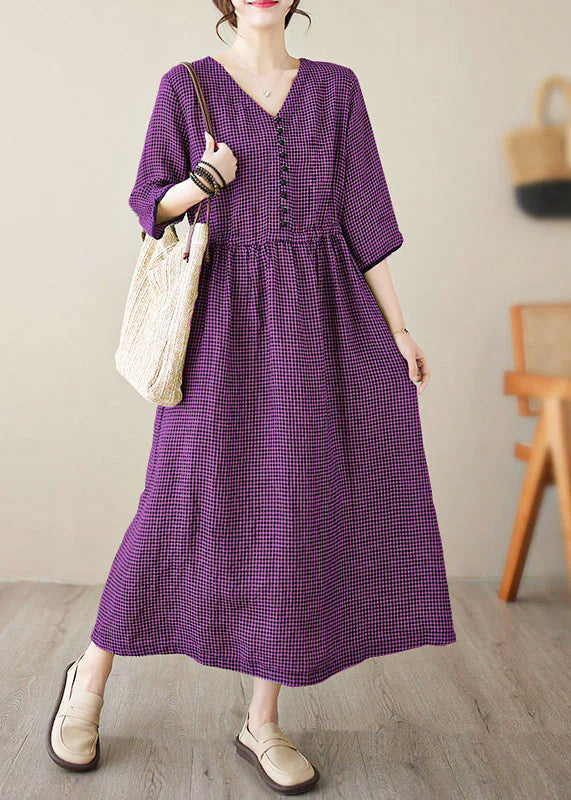 V Neck Plaid Patchwork Button Linen Maxi Dresses Summer
