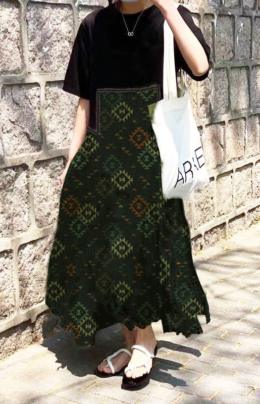 Black Print O-neck Asymmetrical Plaid Mosaic Dress