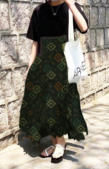 Black Print O-neck Asymmetrical Plaid Mosaic Dress