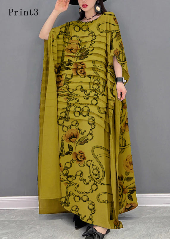 Grace Green O-neck Striped Chiffon Ankle Dress Batwing Sleeve