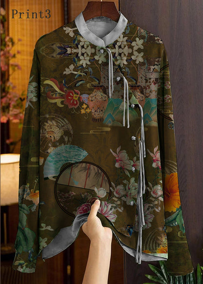 Green Mandarin Collar Button Print Silk Shirt Top Spring