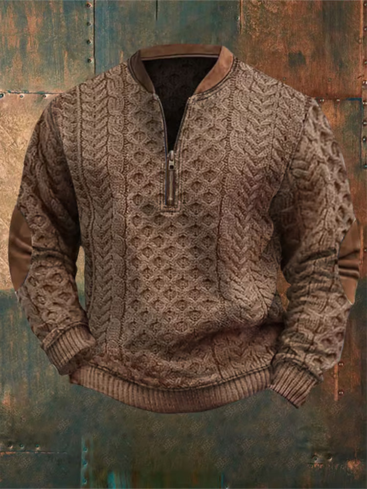 Men's Retro Western Textured Print Zipper Neck Knit Sweatshirt artswardrobe