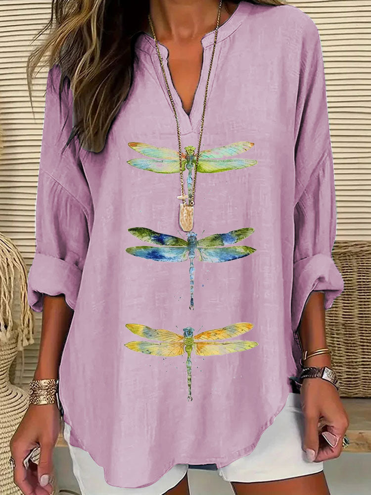 Comstylish Women's Dragonfly Print Casual Shirt