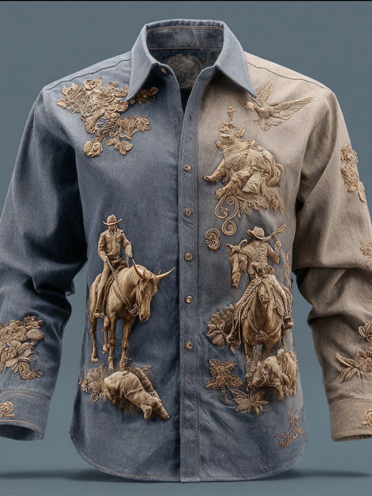 Western Cowboy Style Animal Elements Retro Cotton And Linen Men's Shirt artswardrobe
