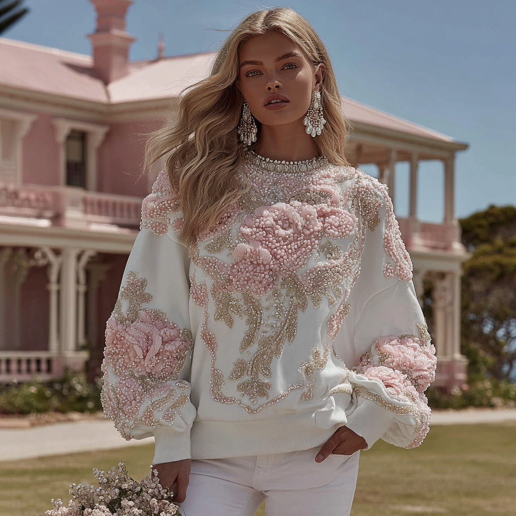 Women's Vintage Flower Embroidery Art Crew Neck Casual Sweatshirt