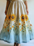 Boho Sunflower Embroidered Gradient Linen Skirt artswardrobe