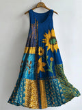 Ethnic Sunflowers Embroidered Patchwork Flowy Linen Tank Dress artswardrobe