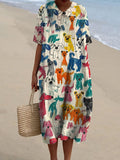 Women's Cute Kid Drawing Dog Print V Neck Vintage Linen Loose Dress