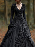 Comstylish Classy Crow Feathers & Roses Embroidered Maxi Dress