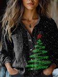 Comstylish Women's Sparkling Christmas Tree Print Casual Pocket Shirt