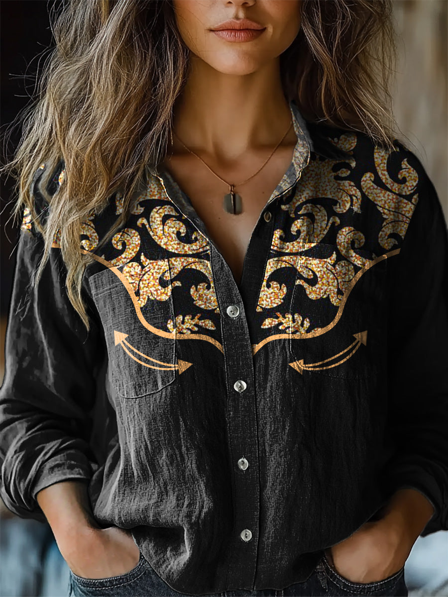 Western Style Glitter Floral Pattern Printed Women's Casual Long Sleev