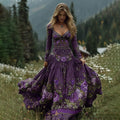 Comstylish Women's Vintage Flowers Embroidery Art V-neck Maxi Dress