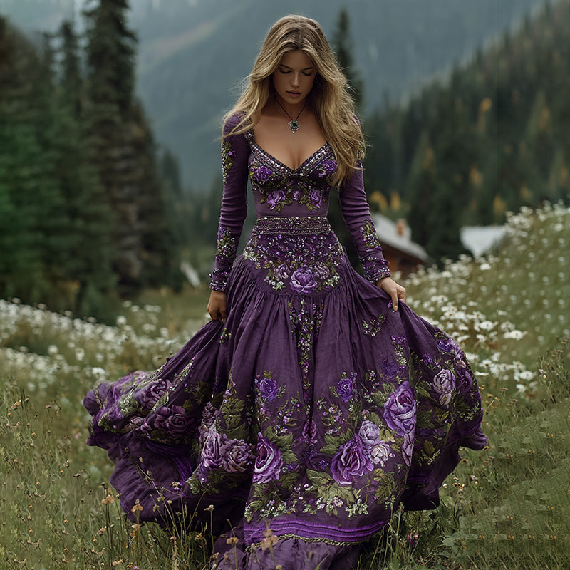 Comstylish Women's Vintage Flowers Embroidery Art V-neck Maxi Dress