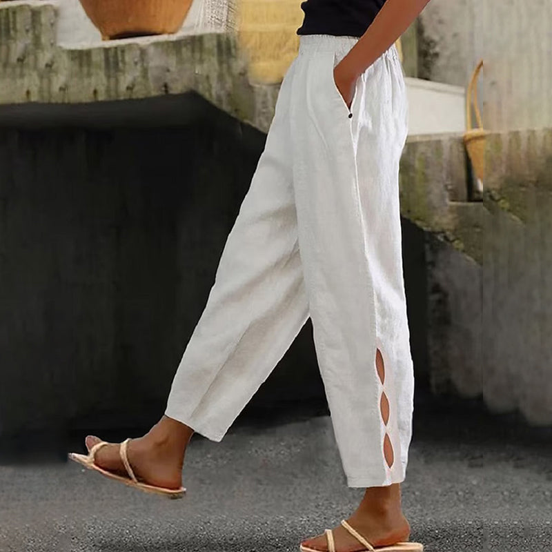 Women's Vintage Hollow Design Solid Color Linen Casual Pants artswardrobe