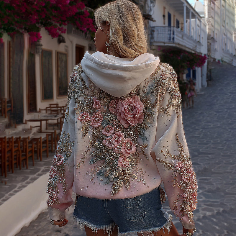 Women's Classic Rose Embroidery Art Comfy Hoodie artswardrobe